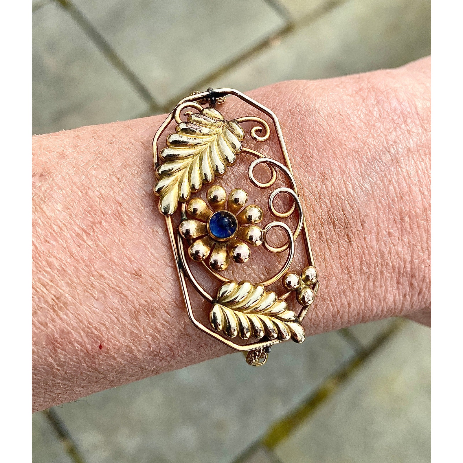 Gold 1930's Pendant Bracelet, Blue Stone, Vintage Watchband